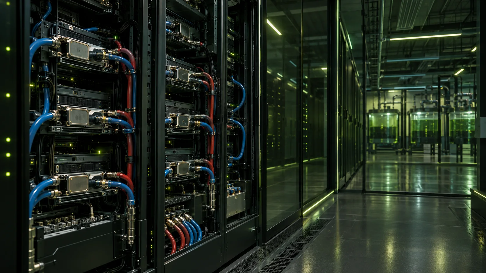 Liquid-cooled GPU server cabinets in a data hall — concept rendering