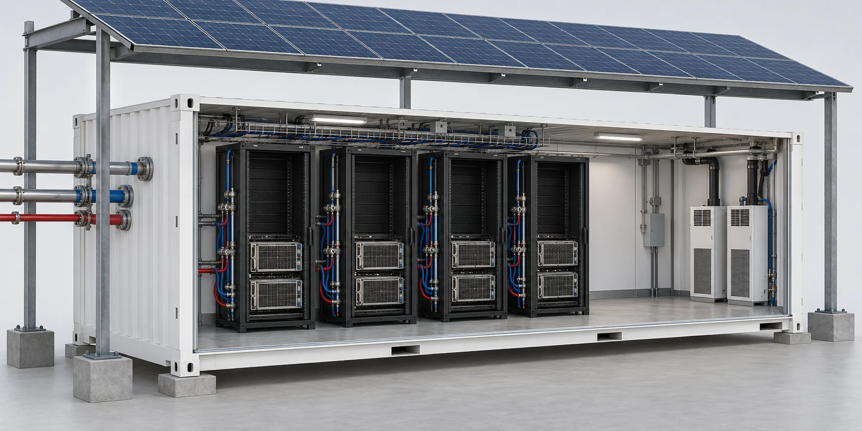 Liquid-cooled server cabinets inside a data container under a solar canopy — concept rendering