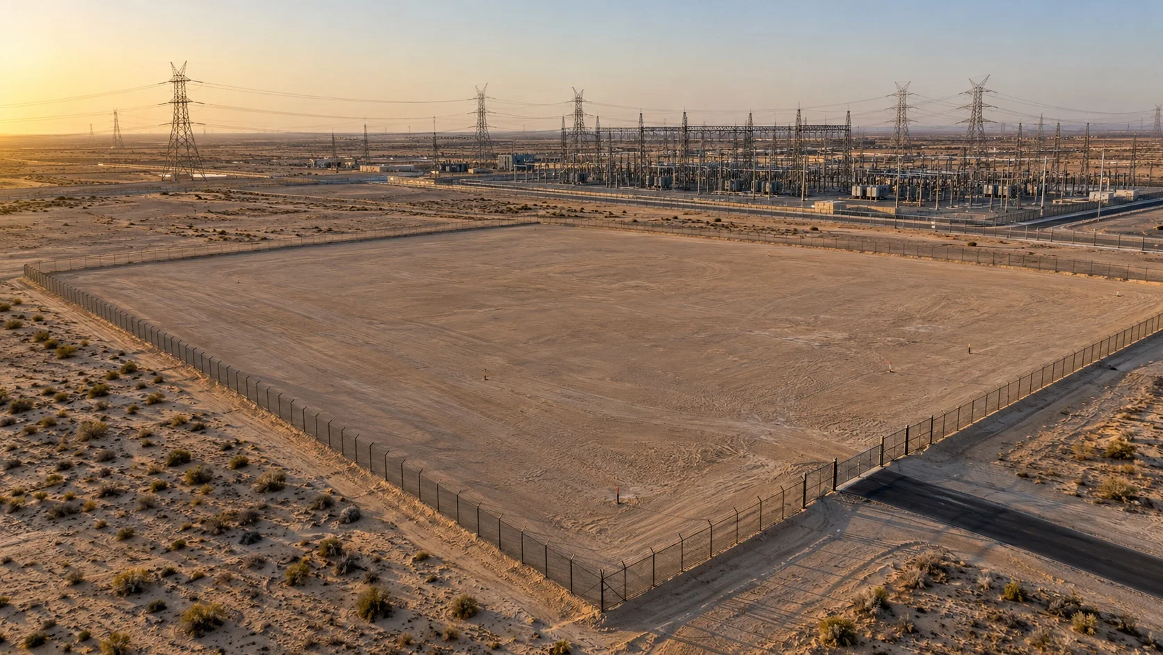 Concept rendering of the fenced plot with the grid substation behind it
